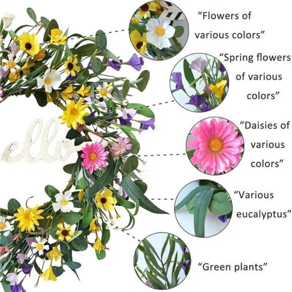 Spring Wreaths for Front Door, 22 Inch Eucalyptus Wreath with Hello Sign - Picture 3 of 7